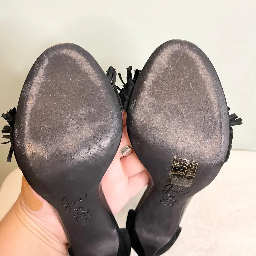 Joie Stiletto Heels 38 / 8 Black Ankle Strap Suede Fringe Party Cocktail Evening